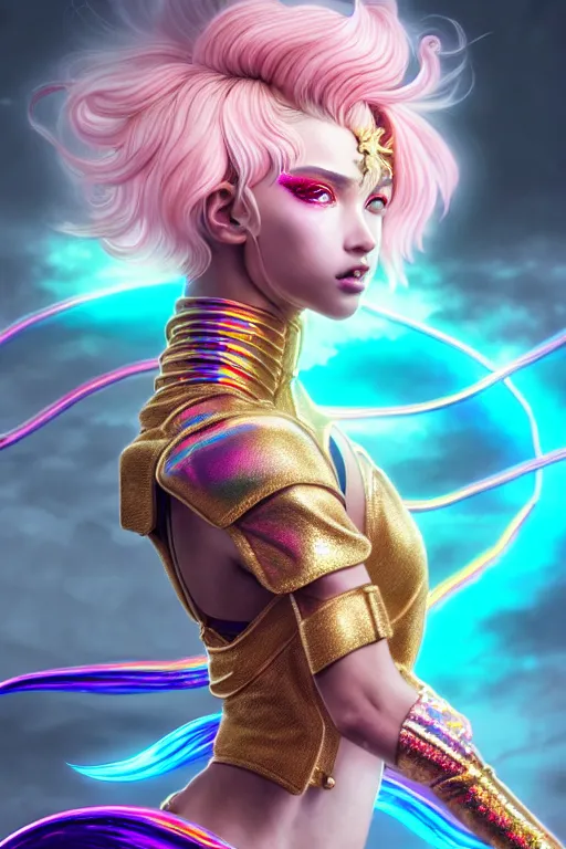 Image similar to hyperdetailed portrait of a stunningly beautiful european girl androgynous guard made of iridescent metals shiny pink gems, bright rainbow gold sparkled nimbus, inspired by ross tran and wlop and masamune shirow and kuvshinov, concept art, intricate, photorealistic, octane render, rtx, hdr, unreal engine, dnd digital art by artgerm