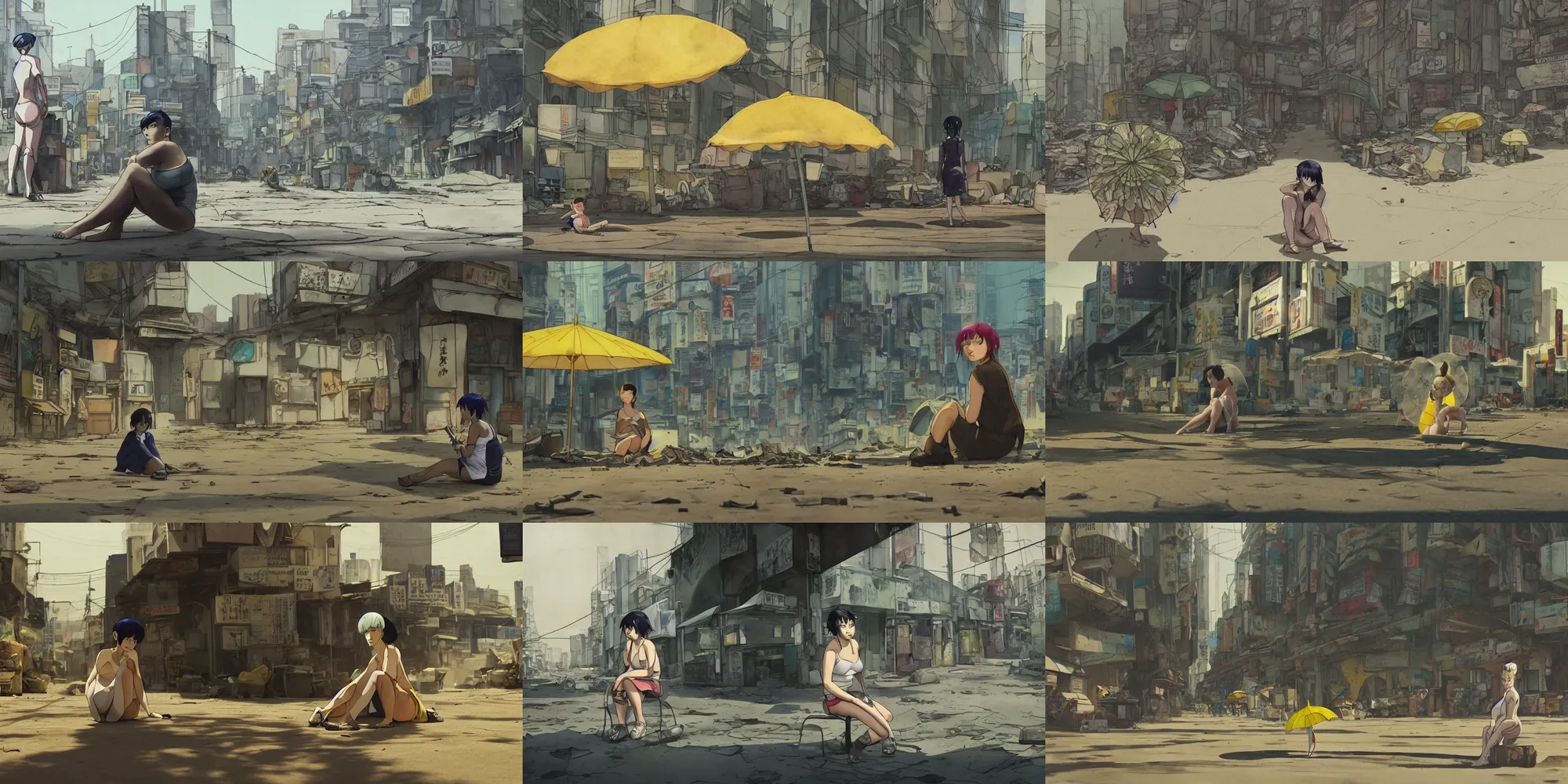 Prompt: incredible curvilinear screenshot, simple curvilinear watercolor, paper texture, ghost in the shell movie scene, distant curvilinear shot of girl side view sitting under a yellow striped parasol in deserted dusty curvilinear shinjuku junk town, old pawn shop, bright sun bleached ground ,scary chameleon face muscle robot monster lurks in the background, ghost mask, teeth, animatronic, black smoke, pale beige sky, junk tv, texture, strange, impossible curvilinear perspective, fur, spines, mouth, pipe brain, shell, brown mud, dust, bored expression, overhead wires, telephone pole, dusty, dry, curvilinear pencil marks, shinjuku, katsuya terada, masamune shirow, tatsuyuki tanaka hd, 4k, remaster, dynamic camera angle, deep 3 point perspective, fish eye, dynamic scene