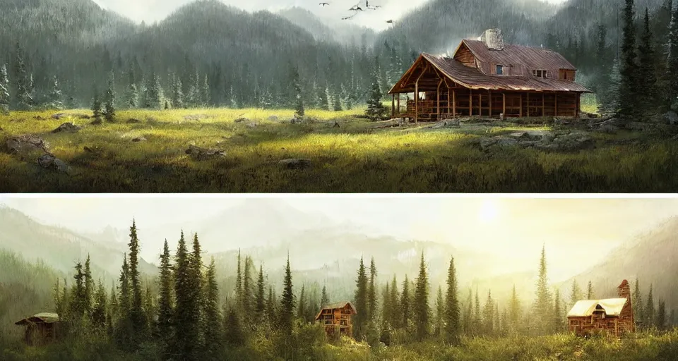 Image similar to cabela's beautiful comfortable modular pop - up insulated all terrain family dwelling, cabin,, person in foreground, mountainous forested wilderness open fields, beautiful views, painterly concept art, joanna gaines, environmental concept art, farmhouse, magnolia, concept art illustration, by james gurney, by craig mullins, by greg rutkowski trending on artstation