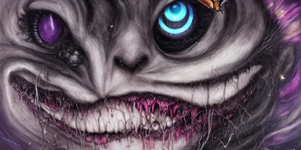 Image similar to dream portrait of Cheshire Cat from Alice in Wonderland,full character, melting ,8k,by tristan eaton,Stanley Artgermm,Tom Bagshaw,Greg Rutkowski,Carne Griffiths, Ayami Kojima, Beksinski, Giger,trending on DeviantArt,face enhance,hyper detailed,minimalist,horror, android, full of colour