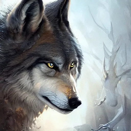 Prompt: for the strength of the pack is the wolf, and the strength of the wolf is the pack, realistic painting, artgerm, greg rutkowski