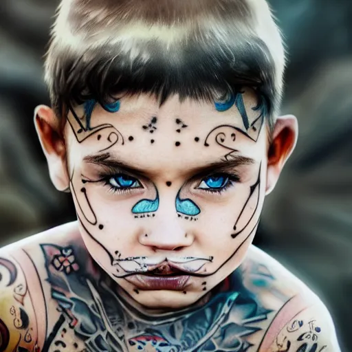 Image similar to a detailed portrait of a boy with a face tattoo in the desert, fantasy art illustration, incredibly highly detailed and realistic, 8 k, sharp focus