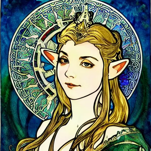 Prompt: princess zelda, art nouveau, alphonse mucha, iridescent lighting, realistic watercolor and ink portrait, museum quality,