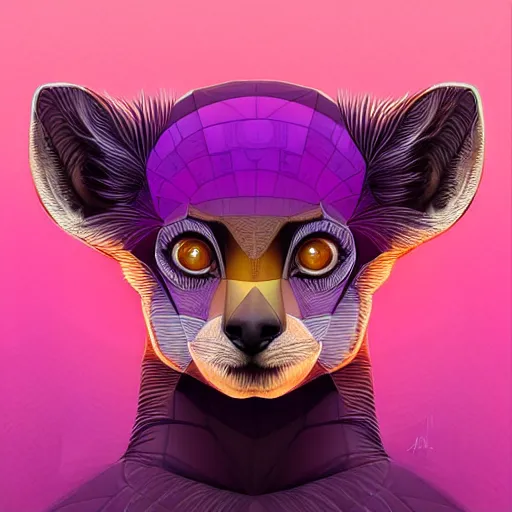 Prompt: Geometric symmetrical purple lemur, sun in the background, intricate, elegant, highly detailed, digital painting, artstation, concept art, smooth, sharp focus, illustration, art by artgerm