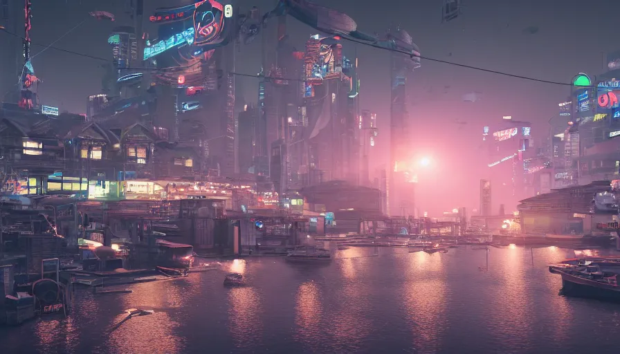 Prompt: night scene of a futuristic cyberpunk fishing village docks , 50mm, beautiful lighting, ultra detailed, 4k, 8k, trending on artstation, octane render, photorealistic, unreal engine 5