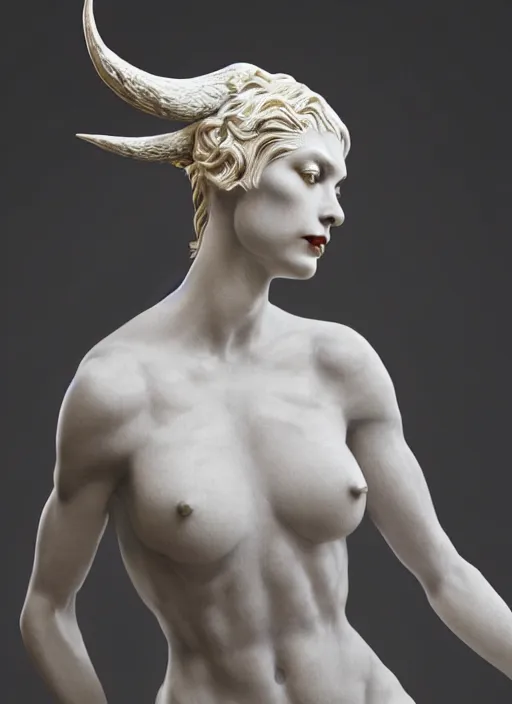 Image similar to a statue made of a gorgeous devil woman, made of white marble with gold veins, full body shot, perfect symmetrical body, perfect symmetrical face, black eyes, hyper realistic, hyper detailed, fujicolor superia photo, by johannen voss, by peter kemp, by monia merlo, by michelangelo, octane render, blender, 8 k