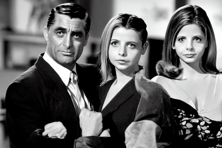 Image similar to cary grant as giles in buffy the vampire slayer, along side sarah michelle gellar 1 9 9 8