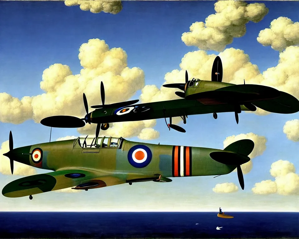 Image similar to an achingly beautiful print of one supermarine spitfire by raphael, hopper, and rene magritte. detailed, romantic, enchanting, trending on artstation.