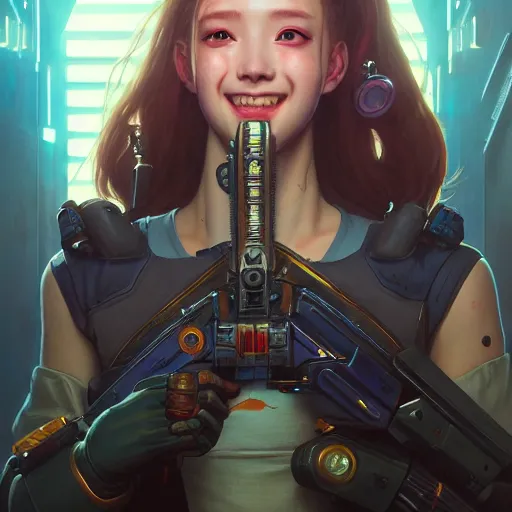 Image similar to portrait painting of cyberpunk chuu loona as a cheerful smiling mercenary, ultra realistic, concept art, intricate details, eerie, highly detailed, photorealistic, octane render, 8 k, unreal engine. art by artgerm and greg rutkowski and magali villeneuve and alphonse mucha