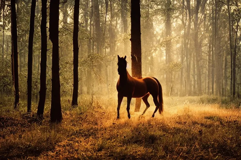 Prompt: beautiful horse in the forest evening natural light, fireflies, 85mm by Emmanuel Lubezki