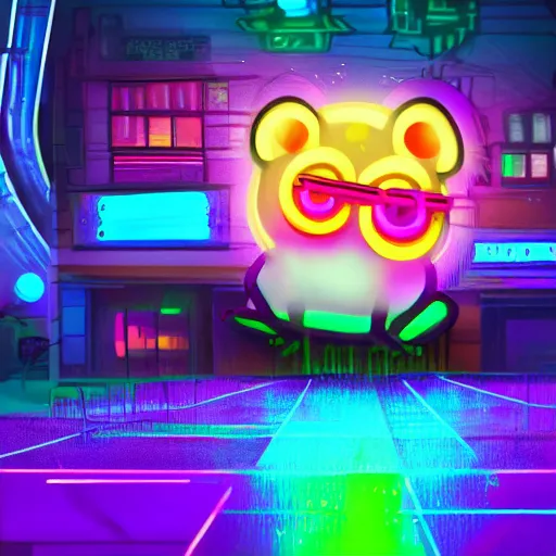 Image similar to hamster in a rainbow cyberpunk city with bright neon lights, 8 k, hd, light reflection