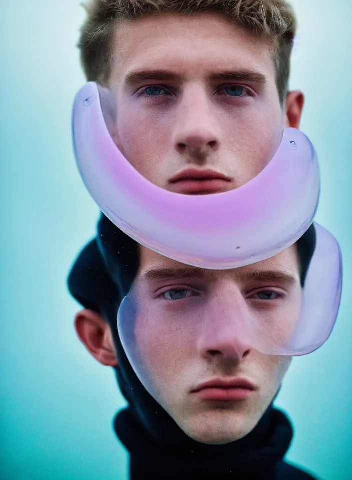 Image similar to high quality pastel coloured film portrait photograph of a beautiful young 2 0 year old male, soft features, short hair, wearing perspex space mask and oversized inflated clothing!! icelandic black rock pool environment. atmospheric three point light. photographic. art directed. ( pastel colours ). volumetric. clearcoat. waves. 8 k. filmic.