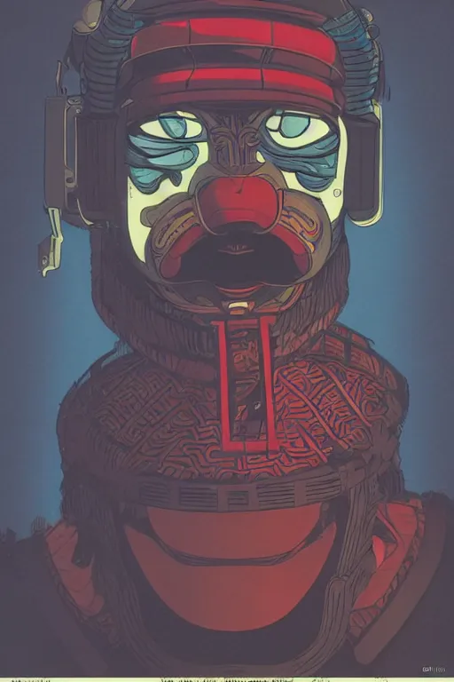 Prompt: 1 9 7 9 omni magazine cover of hiroyuki sanada in a samurai hat and oni mask. simple stylized cyberpunk photo by josan gonzalez.