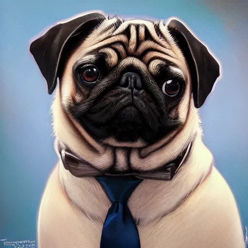 Image similar to pug in a suit, painted by tsuyoshi nagano, greg rutkowski, artgerm, alphonse mucha