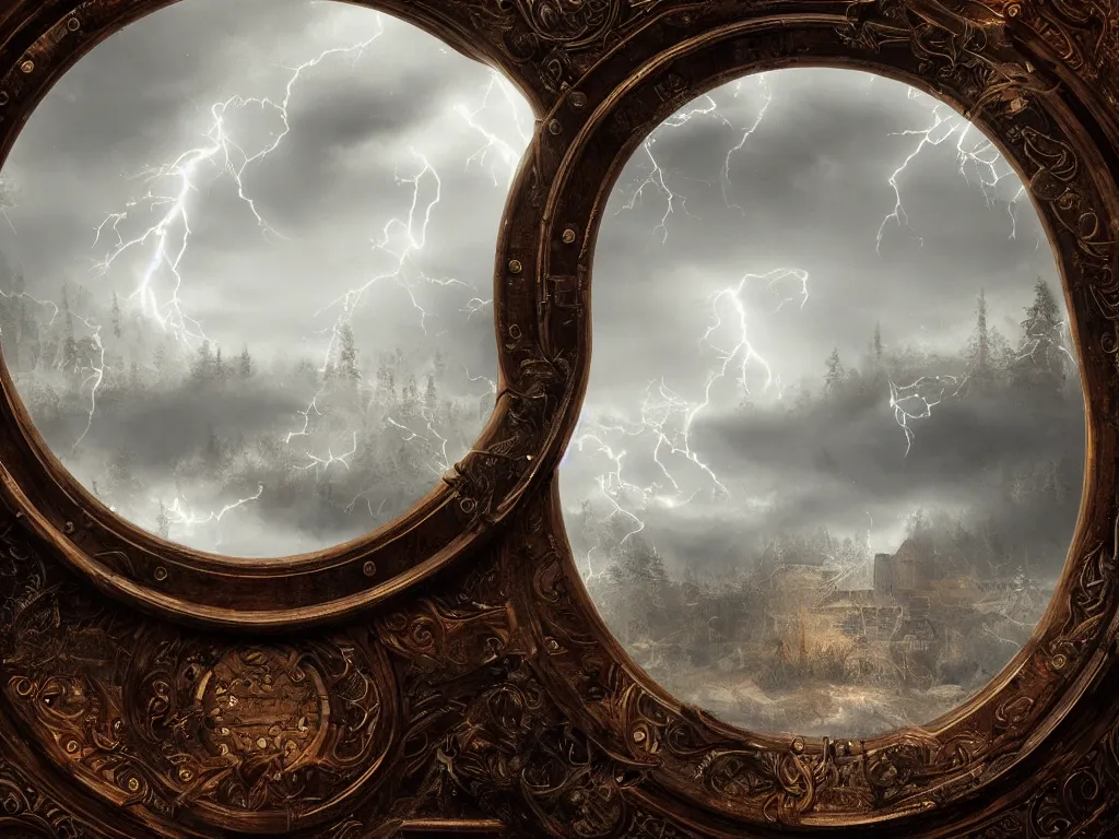 Prompt: richly decorated Victorian modular synthesizer, modern, beautiful, detailed wood, photorealistic, photorealism, lightning, clouds, the winter light comes in through a porthole, volumetric fog