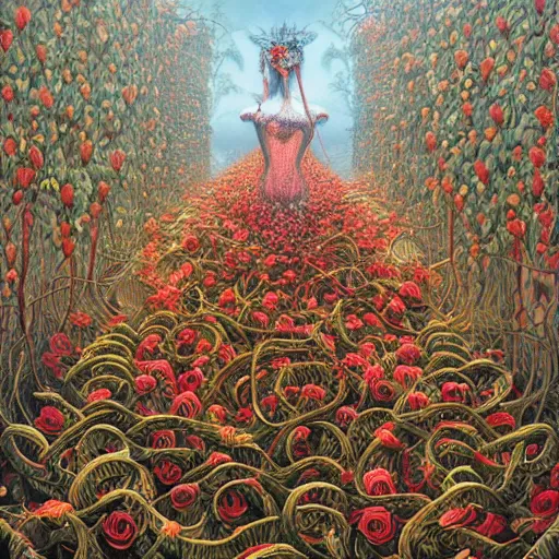 Prompt: the queen of vines and roses by jacek yerka, alex gray, zdzisław beksiński, dariusz zawadzki, jeffrey smith and h.r. giger, oil on canvas, 8k highly professionally detailed, trending on artstation