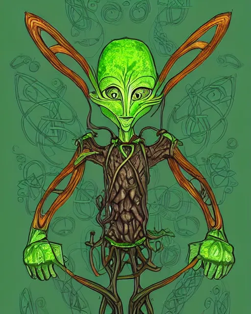 Image similar to leprechaun alien, extraterrestrial creature design based on celtic mythology, irish charm, fairy alien, science fantasy illustration