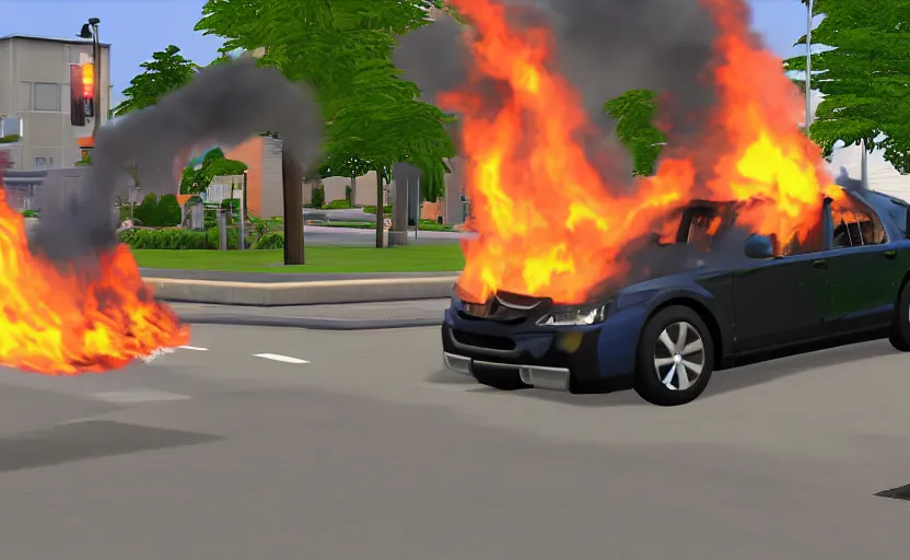 Image similar to a shiba inu watches a police car burn in the sims