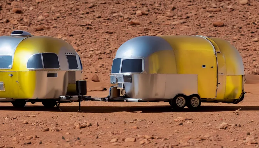 Prompt: professional photograph of a yellow Airstream Trailer with very huge windows designed by Buckminster Fuller in a picturesque desert on Mars. Astronauts are standing near it, racking focus, depth of field, extreme panoramic, Dynamic Range, HDR, chromatic aberration, Orton effect intricate, elegant, highly detailed, artstation