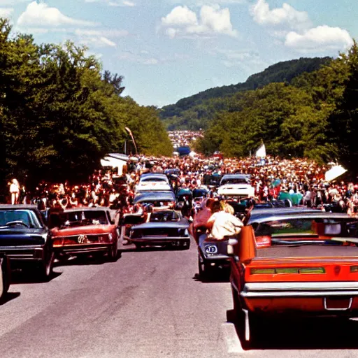 Prompt: people and cars heading to woodstock, 1 9 6 9, 8 k, 7 0's color