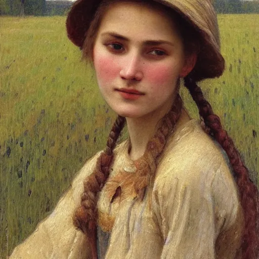 Prompt: a detailed, intricate oil painting close - up portrait of a ukrainian peasant girl in a field of grain, by william adolphe bougereau