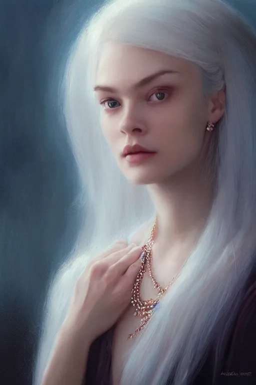 Image similar to dramatic lighting by wlop, stunning portrait female holding crystal white hair, blush, rose necklace, flowing hair, slim face, elegant, terry moore, barclay shaw, karol bak, greg rutkowski
