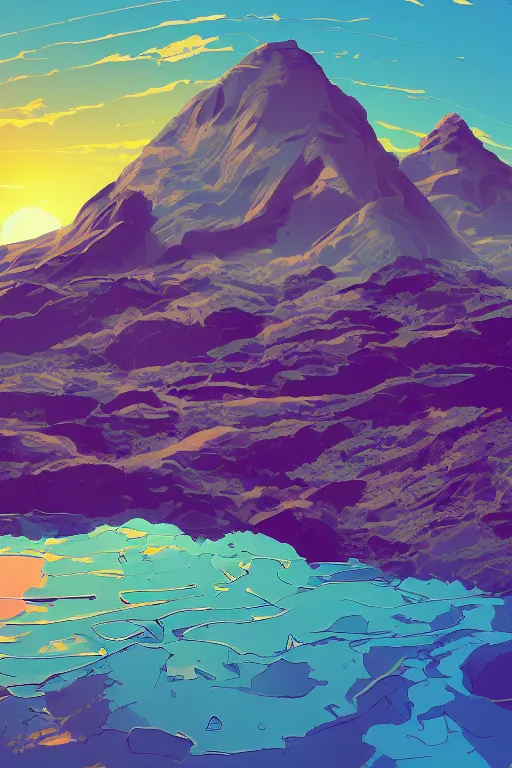 Prompt: sunrise mountain water vector illustration digital art by james gilleard trending on artstation