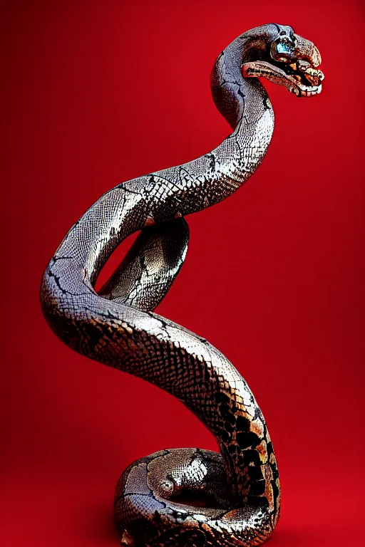 Image similar to chrome ornated african snake statue layed on a red silk fabric, by hedi xandt and antonio corradini, macabre art, dark surrealism, epic and cinematic view, volummetric light, texturized, detailed, 8 k