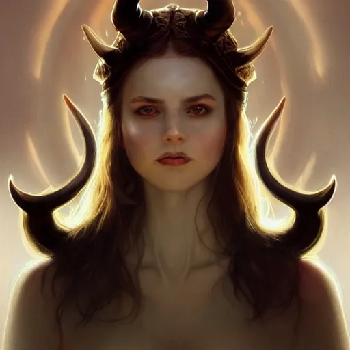 Image similar to portrait of beautiful pale demon girl with horns, cenematic dramatic volumetric lighting, rim light, intricate, elegant, highly detailed, digital painting, artstation, smooth, sharp focus, illustration, art by artgerm and greg rutkowski and alphonse mucha and wayne barlowe