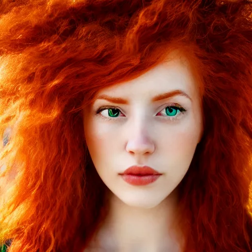 Image similar to full body detailed shot of a beautiful red haired woman with a beautiful face, green eyes high detail, looking at the camera, lush dreamy background, vaporware, 8 k