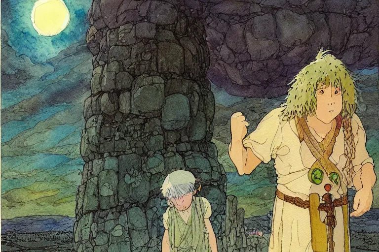 Image similar to hyperrealist studio ghibli watercolor fantasy concept art of a 1 0 0 ft. giant holding a stone. stonehenge is in the bathroom. it is a misty starry night. by rebecca guay, michael kaluta, charles vess