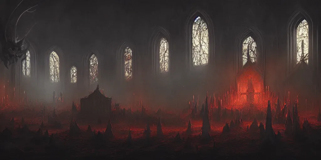 Image similar to breathtaking detailed concept art painting of a dark ritual church in hell, by hsiao - ron cheng, bizarre compositions, exquisite detail, extremely moody lighting, 8 k