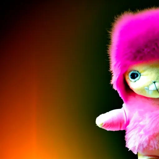 Prompt: lomography long shot of cute plush fluffy chthonic doll monster made to look like a baby, bokeh background