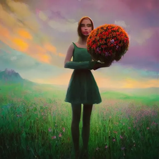 Image similar to girl with a flower for a head, surreal photography, dream, standing in flower field, magical, in a valley, sunrise dramatic light, impressionist painting, colorful clouds, artstation, simon stalenhag, flower face