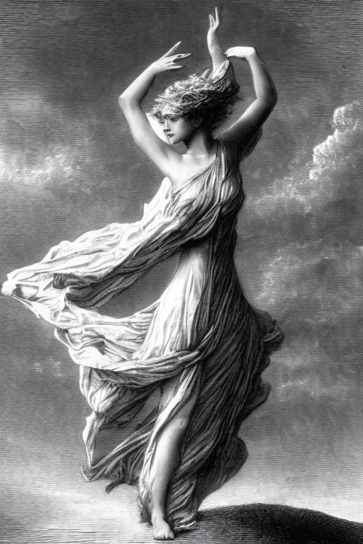 Image similar to dancer in the wind by gustave dore, retrofuturism, reimagined by industrial light and magic