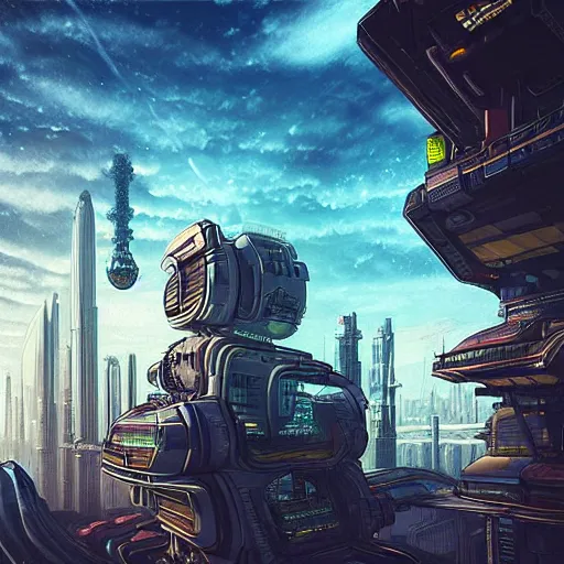 Prompt: “ a cat looking down on a futuristic city, ghostpunk, very detailed, trending on artstation ”