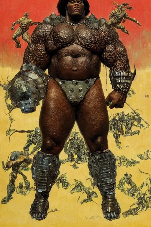 Image similar to full body portrait of huge hulking mark henry as armoured demon, simple background, painted by jack kirby, lawrence alma tadema, norman rockwell, greg staples, wayne barlow, jacob collins, tom lovell, frank schoonover, neville page