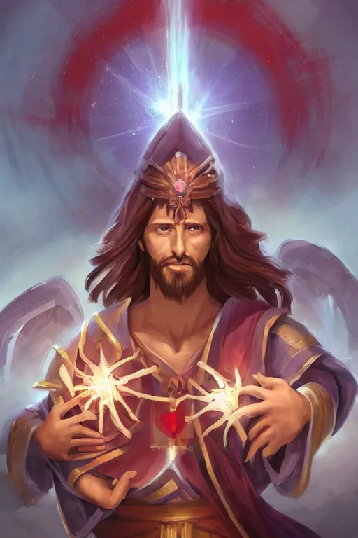 Image similar to A card with description and status of Jesus Christ as a DOTA 2 character holding a Sacred Heart armor, card game, card, trade card game, Artifact Dota2, by Stanley Artgerm Lau, WLOP, Rossdraws, James Jean, Andrei Riabovitchev, Marc Simonetti, Yoshitaka Amano, ArtStation, CGSociety,