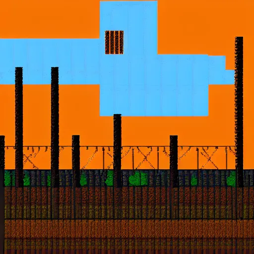 Image similar to pixel art landscape of an abandoned overgrown factory with orange sky, atmospheric