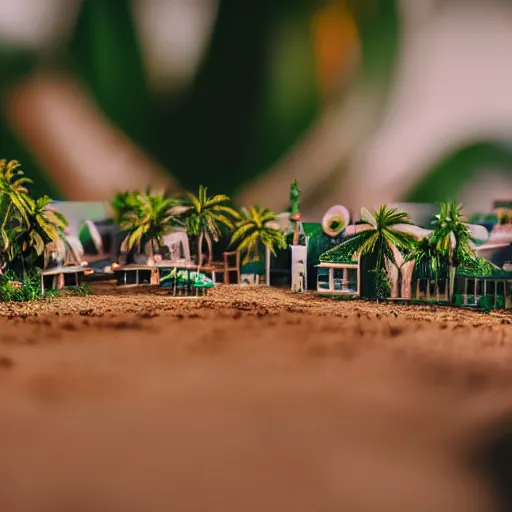 Prompt: macro photo of a miniature secret hidden world with tiny buildings and people inside of a coconut