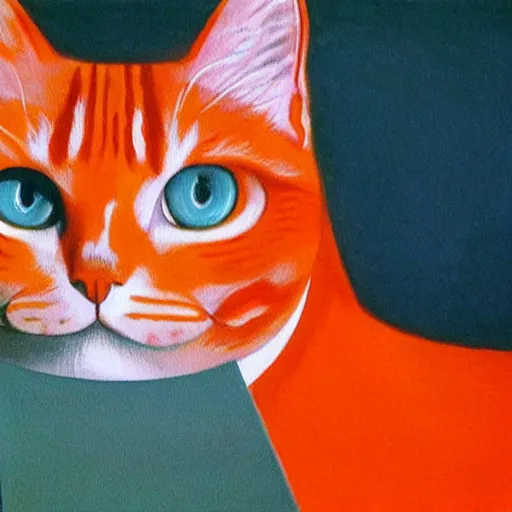 Image similar to a painting of an orange cat looking profoundly into the eyes of the beholder, a gouache by rene magritte, flickr, vorticism, soviet propaganda, 1 9 7 0 s