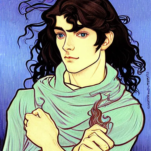 Image similar to painting of young handsome beautiful paladin elf!! man with long! wavy dark hair and blue eyes in his 2 0 s named taehyung minjun james fighting goblins, pale, wearing armor!, gorgeous hair, elf ears, icy eyes, elegant, cute, delicate, soft facial features, art by alphonse mucha, vincent van gogh, egon schiele,