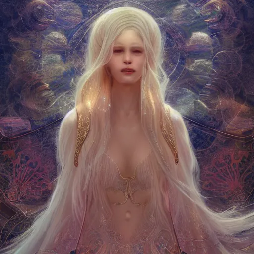 Image similar to breathtakingly detailed concept art painting portrait of a goddess floating on the sea floor, blond hair in a white sheer dress, full body, orthodox saint ornate background, by hsiao - ron cheng, very moody lighting, 8 k