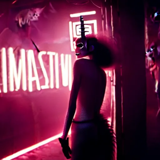 Image similar to cinematic portrait of kristen mcmenamy as bride of frankenstein as a replicant in a busy nightclub, frightened and angry, still from the movie ex machina, fashion photography, a neon sign is in the background