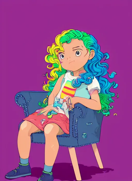 Image similar to a little girl with wavy curly rainbow hair sitting in an armchair. clean cel shaded vector art. shutterstock. behance hd by lois van baarle, artgerm, helen huang, by makoto shinkai and ilya kuvshinov, rossdraws, illustration, art by ilya kuvshinov