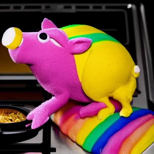 Prompt: rainbow pig wearing a gold crown as a Muppet cooking on stove 8k