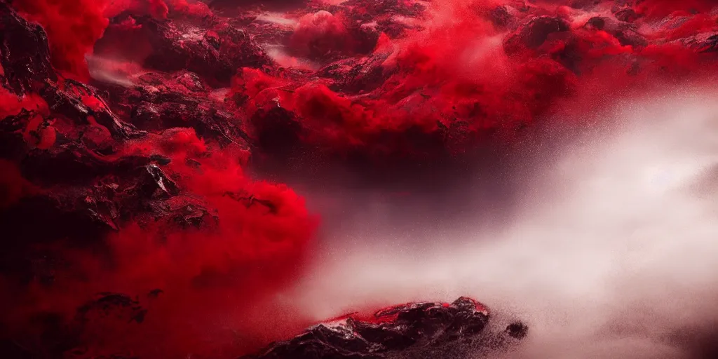 Image similar to a churning, boiling red sea with lots of smoky black and red steam, fantasy digital art, octane render, beautiful composition, trending on artstation, award-winning photograph, masterpiece