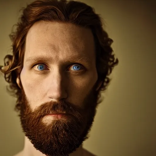 Image similar to color portrait of a handsome bearded albino male model by emmanuel lubezki