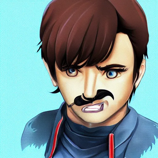Image similar to anime cute Nathan Fillion with mustache and big eyes, splash art by League of Legends, highly detailed, trending on Artstation and Safebooru in category Voluptious