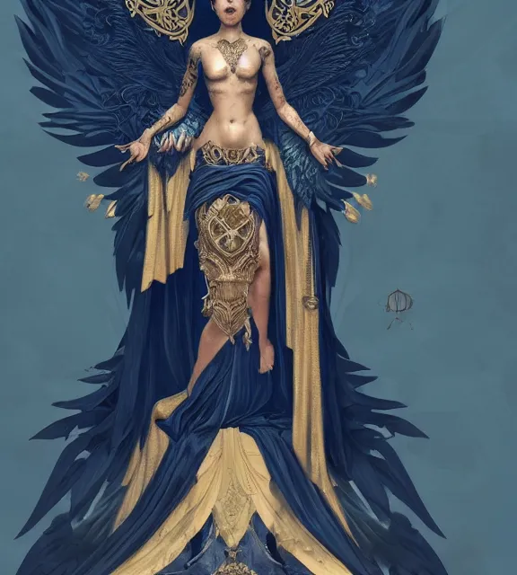 Image similar to god of death, in the underworld, elegant dark blue dress, very detailed, throne, very intricate details, jewelry, gold line tattoos, elaborate long hairstyle, wings, cinematic, artstation, william bouguereau, alphonse mucha, greg rutkowski, rossdraws, octane render